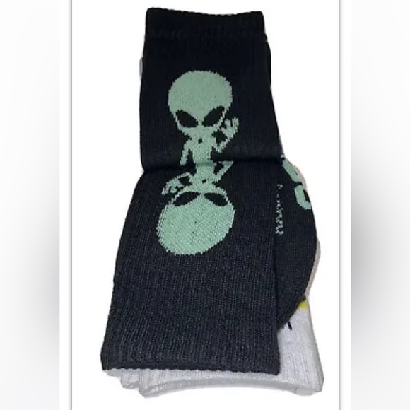 WeSC Varion Crew Socks 2 Pair Men 9.5-14 W 11-15.5 Black White Area51 Alien Logo - Picture 6 of 12